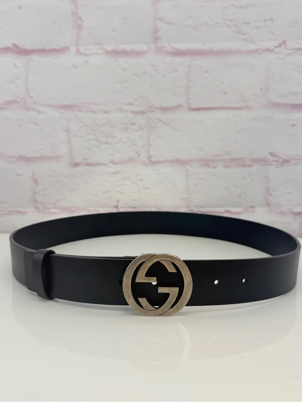 Authentic Gucci Interlocking Gg Black Leather Belt Silver Hardware 368186 95/38”